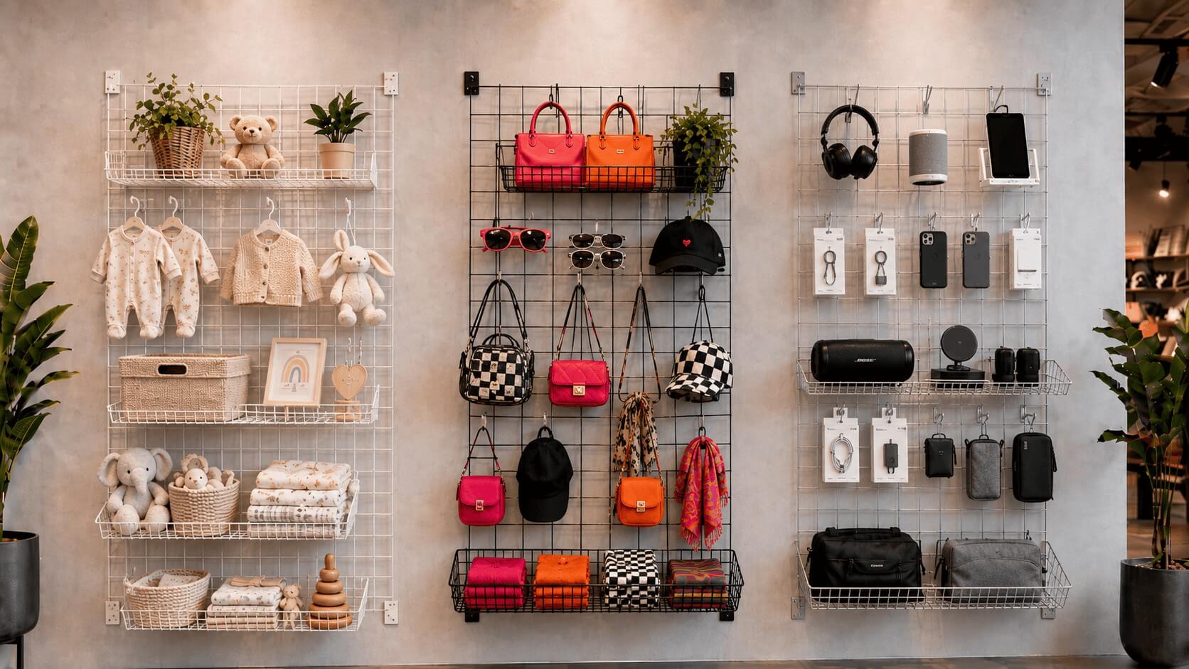 Black, White, or Chrome Wire Grid Panels for Store Branding