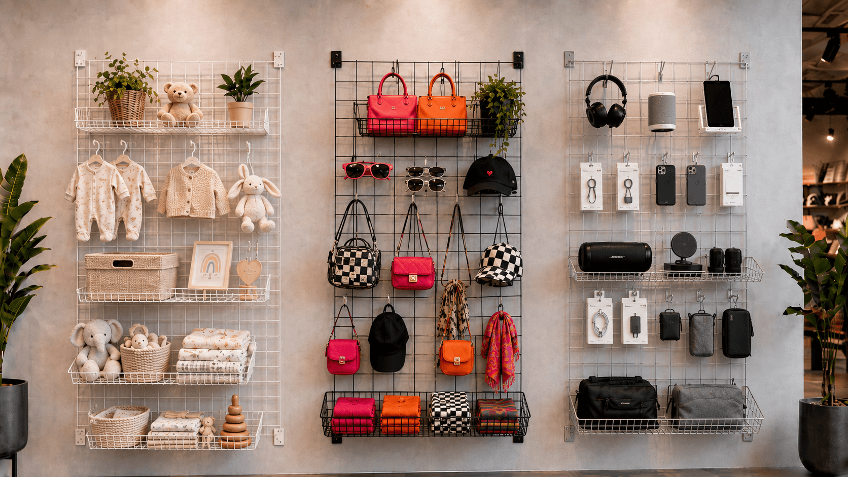 Black, White, or Chrome Wire Grid Panels for Store Branding